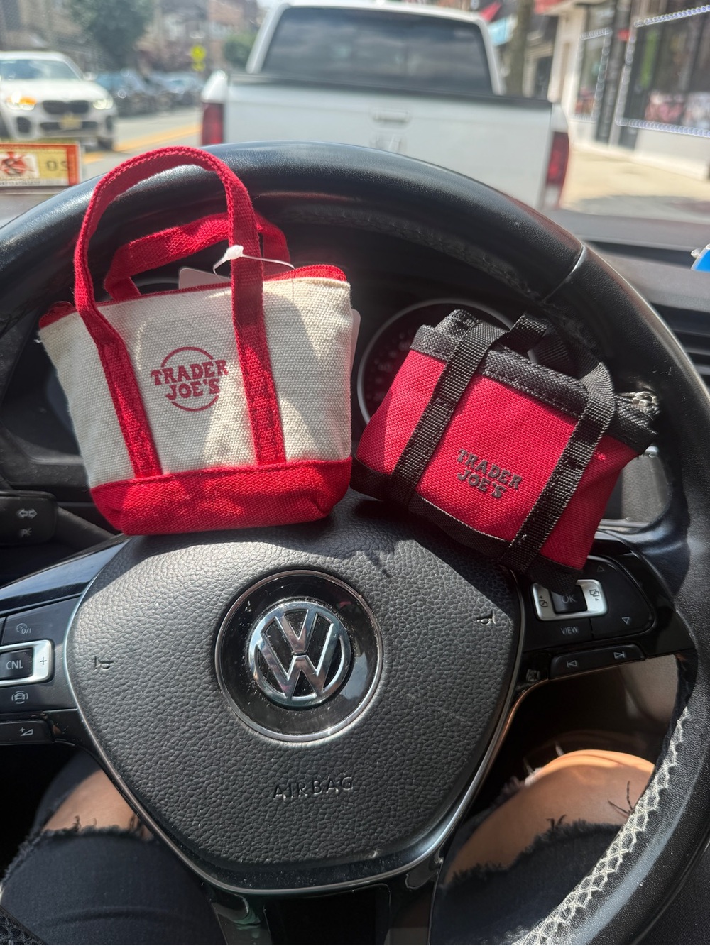 Trader Joe's Red and Cream Mini Tote Bag  with grocery bag inside